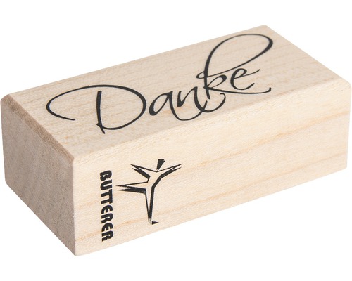 Tampon en bois avec le mot Merci et le logo de l''entreprise Butterer