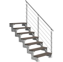 Treppe mit Metallgeländer und Holzstufen