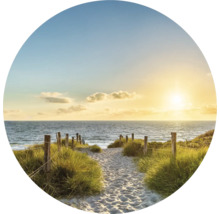 Chemin de plage avec de l''herbe et vue sur la mer au coucher du soleil