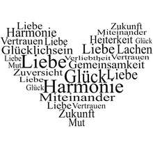 Herzförmige Wortwolke mit Begriffen wie Liebe, Harmonie und Zukunft