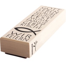 Holzstempel mit christlichen Motiven und Begriffen