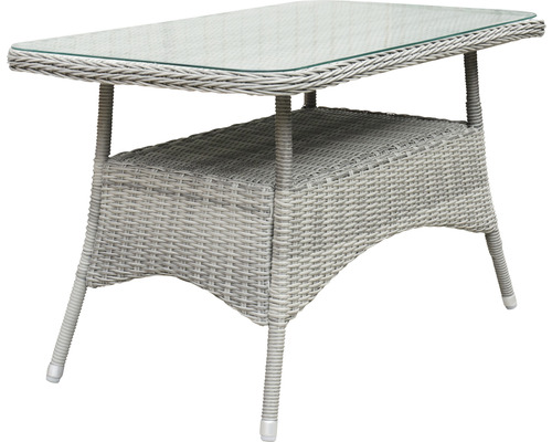 Table de jardin avec plateau en verre et espace de rangement en polyrotin