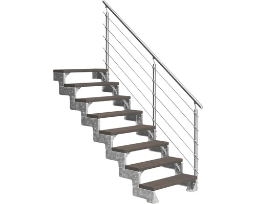 Escalier extérieur Pertura Tallis avec balustrade Prova 8 pas de marche 80 cm marron foncé Escalier avec rampe en acier et marches en bois