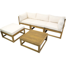 Salon de jardin 4 places composé de: fauteuil, tabouret, table en bois y compris galettes d'assise-thumb-0