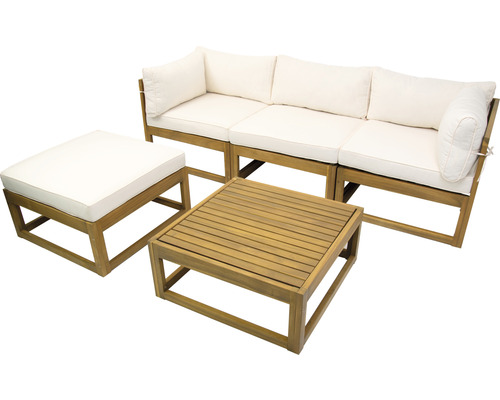 Salon de jardin 4 places composé de: fauteuil, tabouret, table en bois y compris galettes d'assise-0