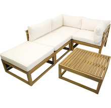 Salon de jardin 4 places composé de: fauteuil, tabouret, table en bois y compris galettes d'assise-thumb-5