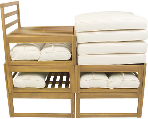 Mobilier de jardin empilable en bois avec coussins