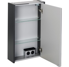 Armoire de toilette grise ouverte avec deux étagères en verre et prise de courant