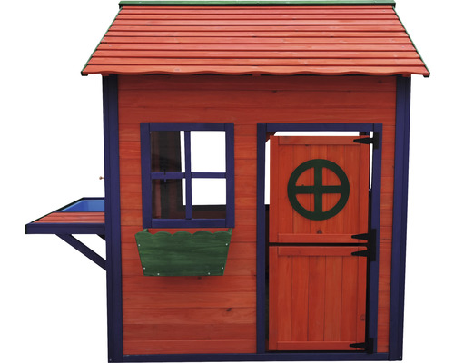 Cabane de jeu en bois avec fenêtre, porte et jardinière