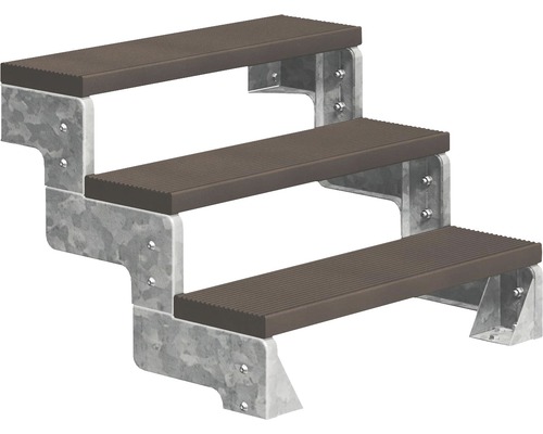 Escalier extérieur Pertura Tallis sans balustrade 3 pas de marche Trimax 100 cm marron foncé Escalier à trois marches avec cadre en métal et marches en plastique