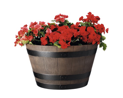 Blumenkübel im Fassdesign mit roten Blumen