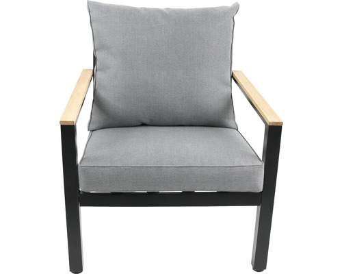 Fauteuil de jardin avec coussins gris et accoudoirs en bois