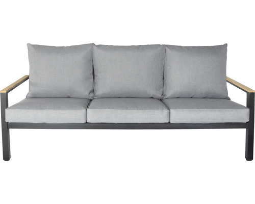 Canapé de jardin à trois places avec coussins et accoudoirs en bois