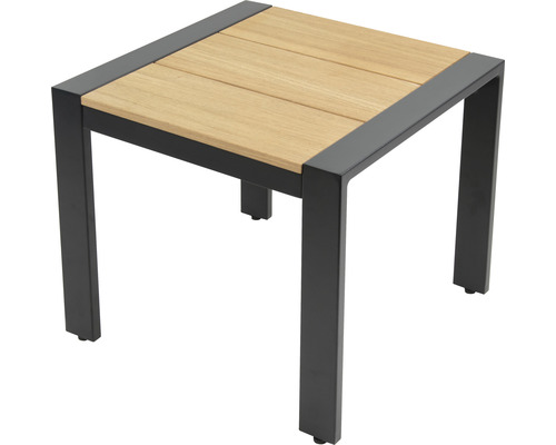 Quadratischer Beistelltisch mit Holzplatte und Metallgestell für den Außenbereich