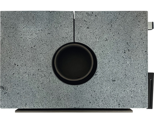 Kaminofen mit runder Öffnung und Steinoberfläche