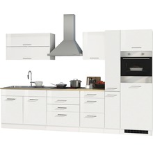 Küchenzeile mit Hängeschränken, Spüle, Kochfeld, Dunstabzugshaube und Backofen.
