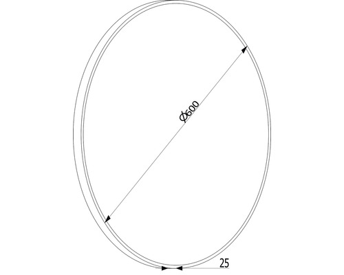Technische Zeichnung eines runden Objekts mit einem Durchmesser von 600 Millimetern und einer Dicke von 25 Millimetern.