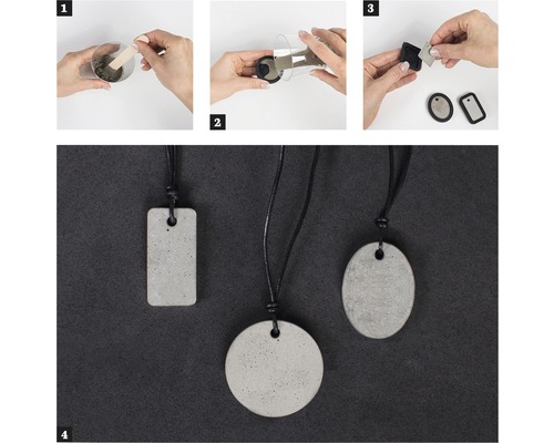 Anleitung zur Herstellung von Betonschmuckanhängern in verschiedenen Formen.