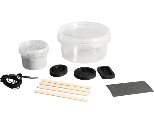 Gießformset mit Gießpulver, Formen, Holzstäbchen, Schnur und Schleifpapier