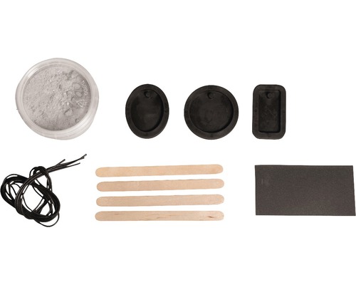 Schmuckset mit Gießpulver, Formen, Stäbchen, Schnur und Schleifpapier