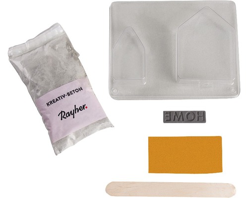 Pack de bricolage petites maisons en béton 2x petites 3,7x6,5 cm + 1x grande 6,7x8,9 cm Kit de bricolage Rayher béton créatif avec moule à couler, poudre de béton, bâtonnets en bois, papier abrasif et tampon