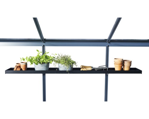 Aluminiumregal Juliana 2 Sektionen 142 x 15 cm schwarz Regal mit Pflanzen und Gartengeräten im Gewächshaus