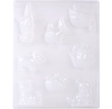 Silikonform mit Motiven von Hand, Fisch, Ente, Schwein, Teekanne, Schnecke, Katze und Hund