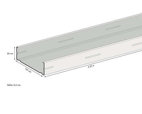 Metallprofil mit den Maßen 50 mm x 125 mm x 4,25 m und einer Stärke von 0,6 mm.