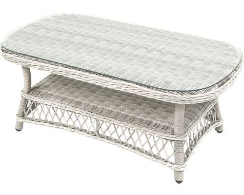 Table basse en rotin avec plateau en verre et étagère