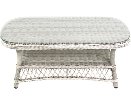 Table de jardin en rotin avec plateau en verre et espace de rangement