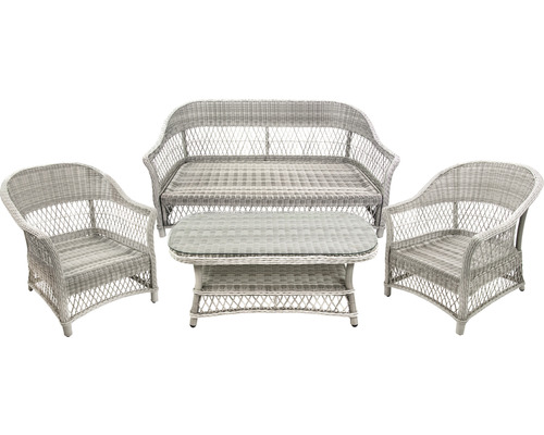 Salon de jardin en rotin avec canapé, deux chaises et table