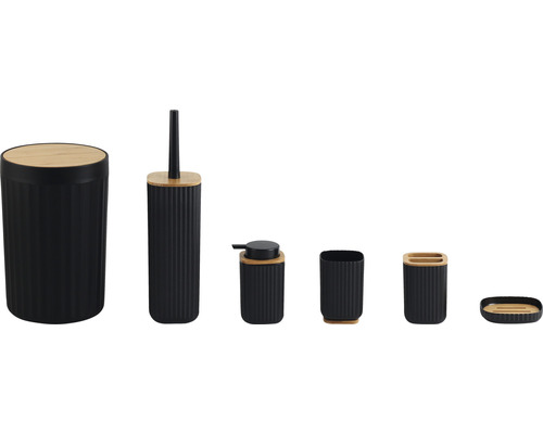 Ensemble de salle de bains comprenant une poubelle, une brosse de toilette, un distributeur de savon, un gobelet, un porte-brosse à dents et un porte-savon