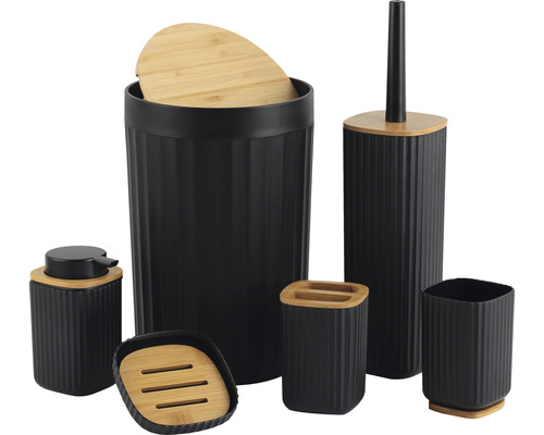 Kit de bain en plastique 6 pièces noir/bambou Kit de bain en plastique 6 pièces noir/bambou