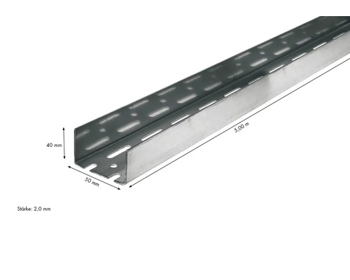Gelochte Profilschiene, 5 Meter lang, 40 Millimeter hoch und 50 Millimeter breit