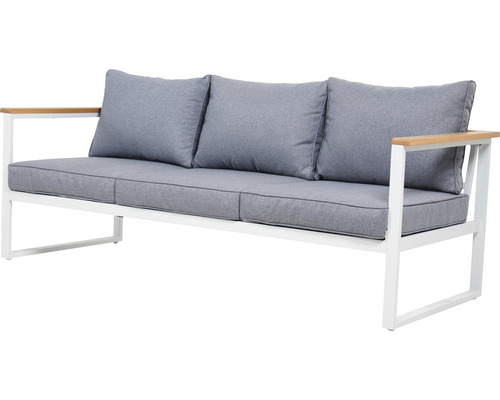 Canapé de jardin trois places avec coussins et accoudoirs en bois