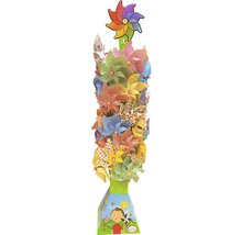 Dekorativer Windradständer mit zahlreichen bunten Windrädern als Gartendekoration