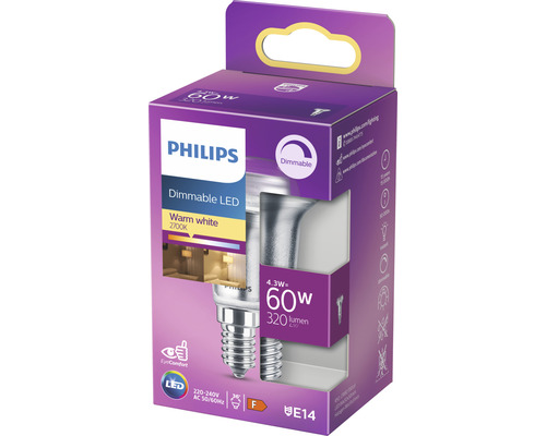 Lampe LED Philips, dimmable, 4,3 watts, culot E14, blanc chaud