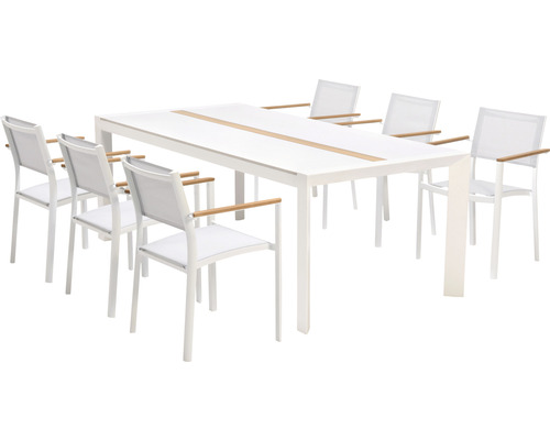 Table de jardin avec chaises Garden Place 6 places comprenant 6 chaises,table aluminium WPC textile bois blanc