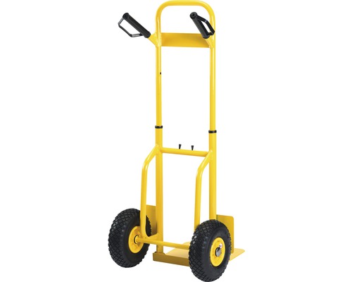 Diable jaune avec deux roues et poignées.