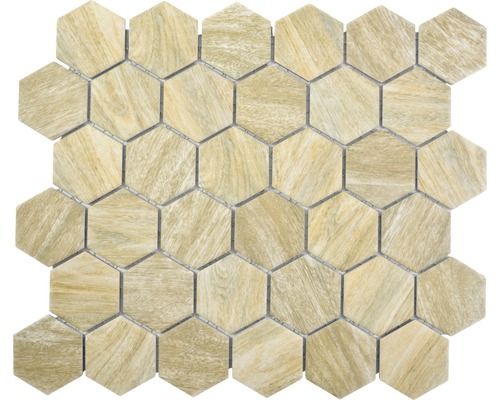Keramikmosaik HX Curio HB Hexagon 32,5x28,1 cm Beige Mosaikfliese mit sechseckiger Form und Holzoptik