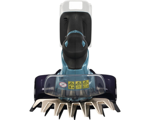 Vue de dessus de cisailles à gazon sans fil avec bouclier de protection et symboles d''avertissement