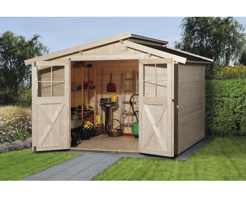 Gartenhaus weka 323 Gr.3 inkl. Fußboden 330 x 221 cm natur Offener Holz Geräteschuppen mit Gartengeräten