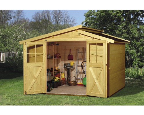 Gartenhaus weka 323 Gr.4 inkl. Fußboden 330 x 277 cm lasiert Gartenschuppen aus Holz mit geöffneten Doppeltüren und Gartengeräten