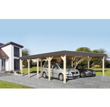 Doppelcarport aus Holz mit zwei parkenden Autos