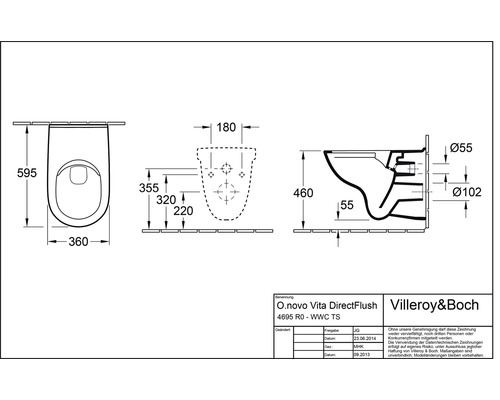Schéma technique des toilettes Villeroy & Boch O.novo Vita DirectFlush avec indication des dimensions