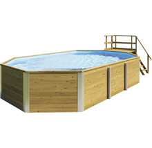 Ensemble de piscine hors sol en bois Weka 594 rectangulaire 714x376x116 cm avec groupe de filtration à sable, skimmer intégré, sable de filtration, intissé de protection du sol et local technique avec escaliers en bois et main courante-thumb-0