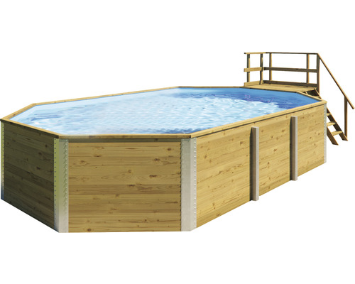Ensemble de piscine hors sol en bois Weka 594 rectangulaire 714x376x116 cm avec groupe de filtration à sable, skimmer intégré, sable de filtration, intissé de protection du sol et local technique avec escaliers en bois et main courante-0