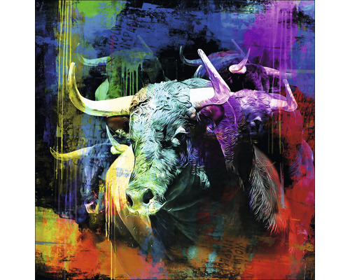 Tableau en verre Colorful Bull Head 20x20 cm