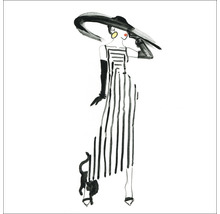 Illustration d''une femme portant un chapeau et une robe rayée avec un chat
