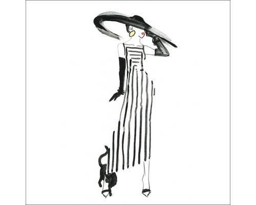 Illustration d''une femme portant un chapeau et une robe rayée avec un chat